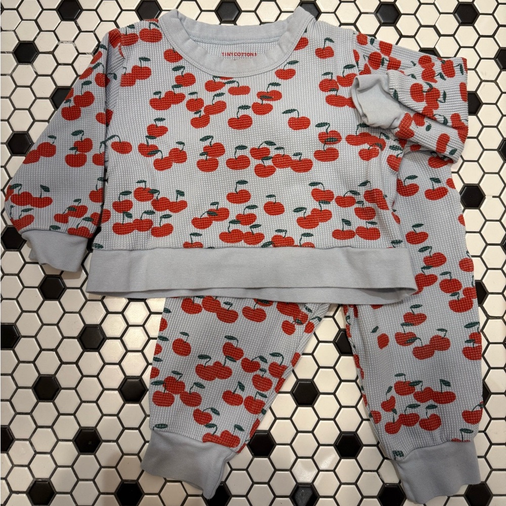 Tiny Cottons Light Blue with Cherry Print Sweatsuit